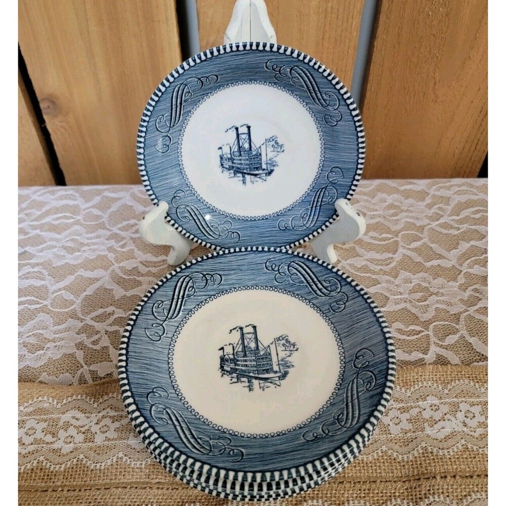 Vintage Currier & Ives Royal China Blue/White “Steamboat” 6” Saucer Plate
